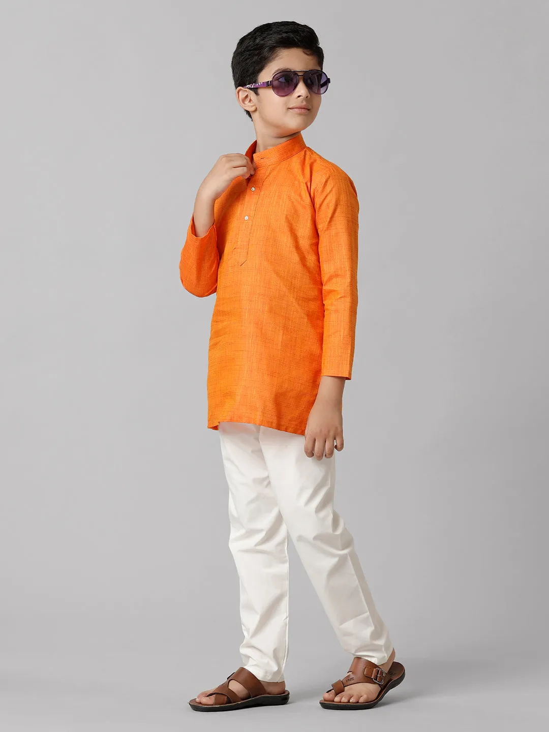 Boys Cotton Full Sleeves Orange Kurta with Cream Pyjama Pant Combo FS3