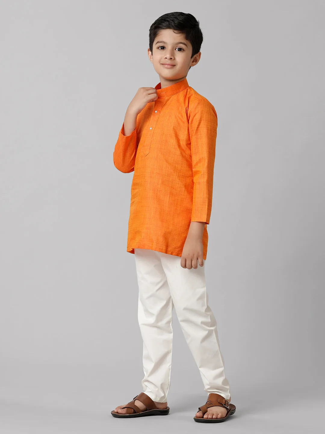 Boys Cotton Full Sleeves Orange Kurta with Cream Pyjama Pant Combo FS3