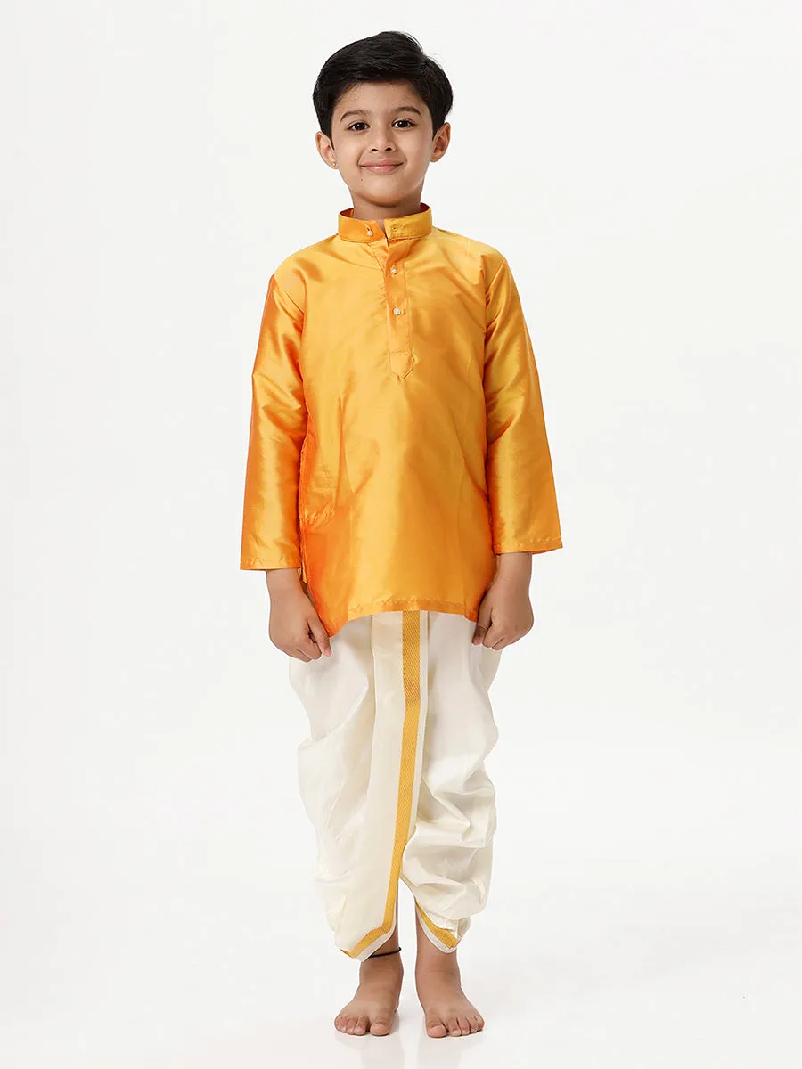 Boys Silk Cotton Full Sleeves Golden Yellow Kurta