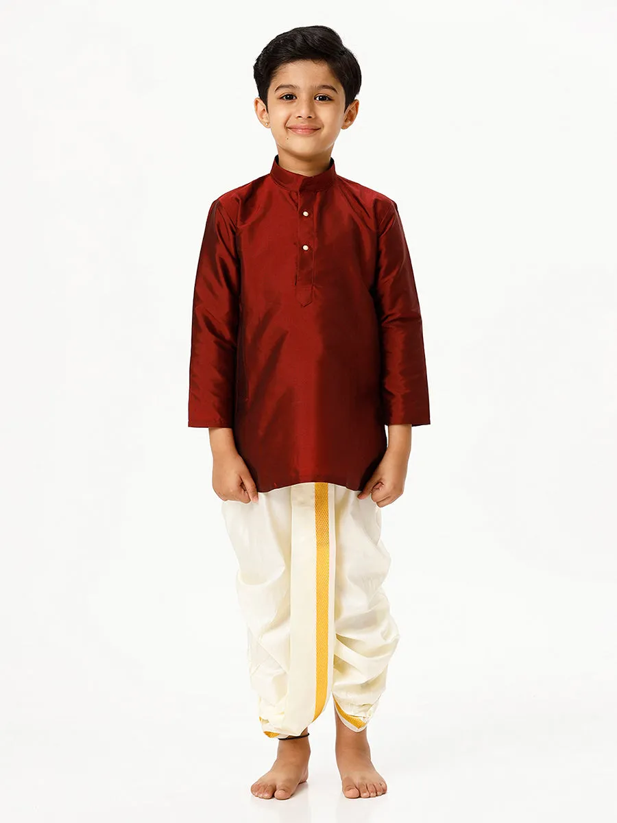 Boys Silk Cotton Full Sleeves Maroon Kurta