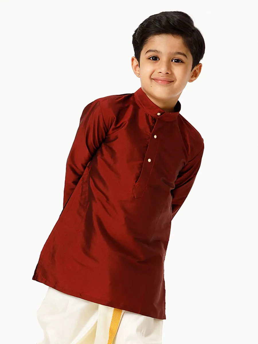 Boys Silk Cotton Full Sleeves Maroon Kurta