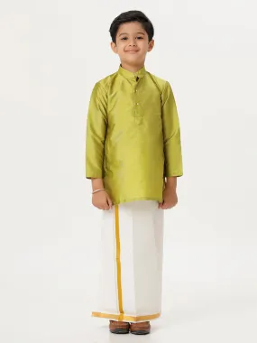 Boys Silk Cotton Full Sleeves Parrot Green Kurta with Gold Jari Dhoti Combo