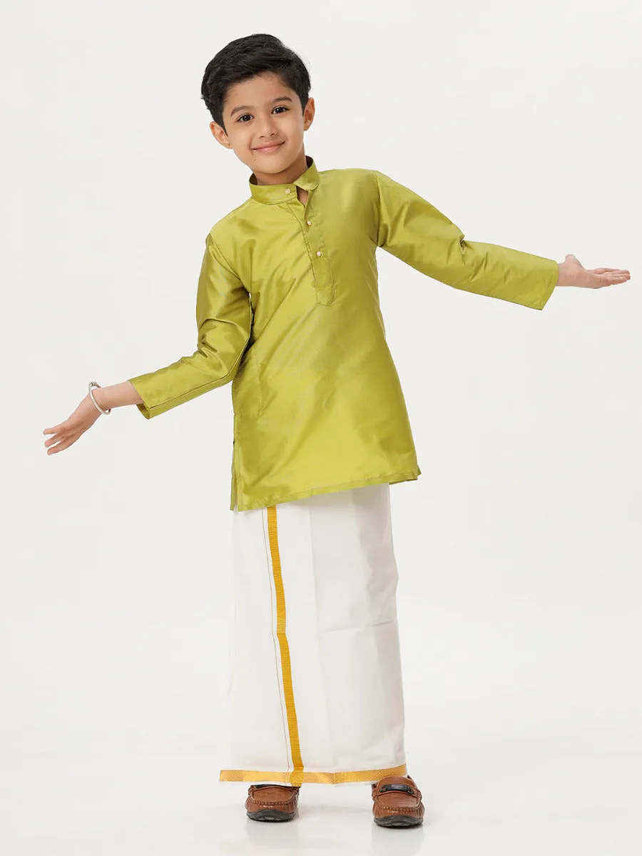 Boys Silk Cotton Full Sleeves Parrot Green Kurta with Gold Jari Dhoti Combo