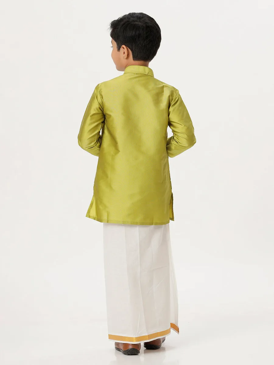 Boys Silk Cotton Full Sleeves Parrot Green Kurta with Gold Jari Dhoti Combo