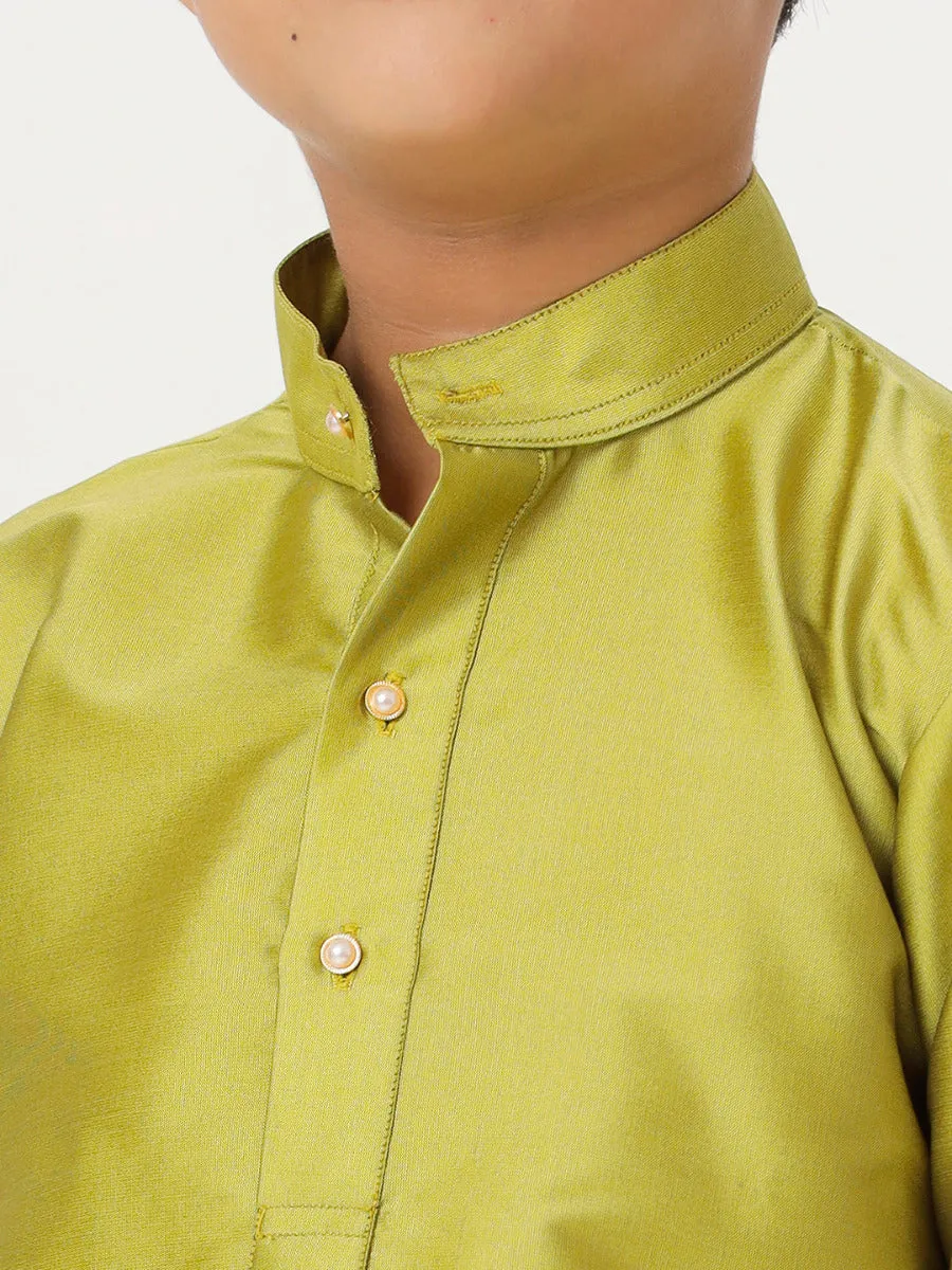 Boys Silk Cotton Full Sleeves Parrot Green Kurta with Gold Jari Dhoti Combo