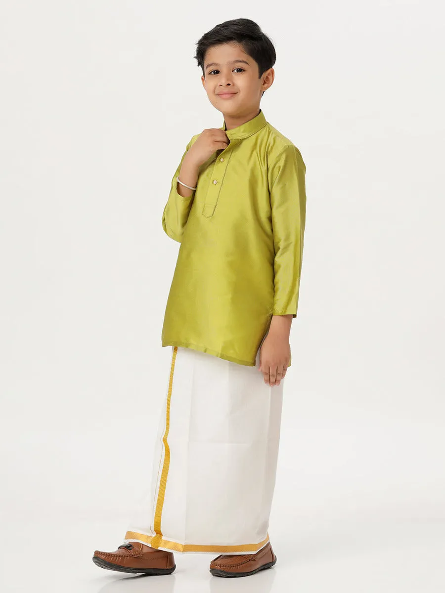 Boys Silk Cotton Full Sleeves Parrot Green Kurta with Gold Jari Dhoti Combo