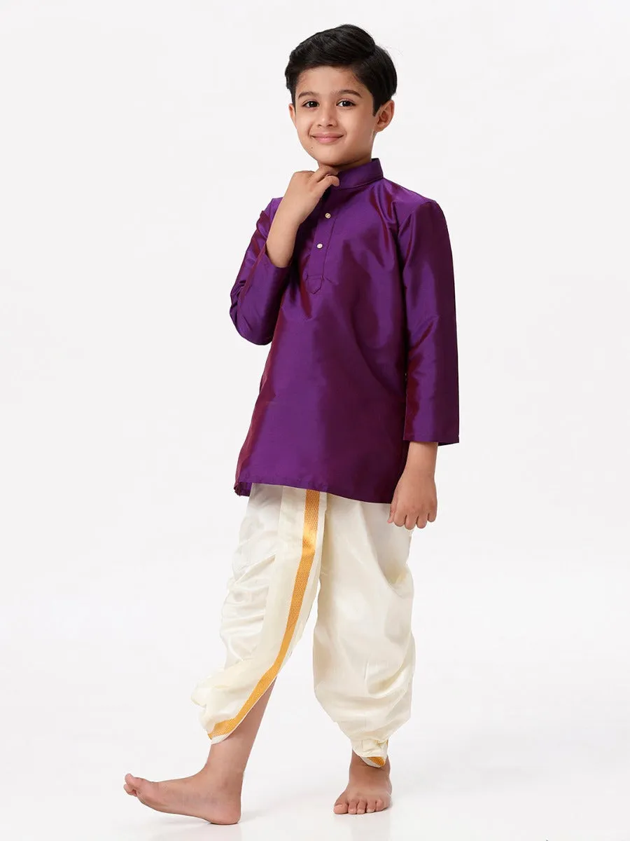 Boys Silk Cotton Full Sleeves Purple Kurta with Panchakacham Combo