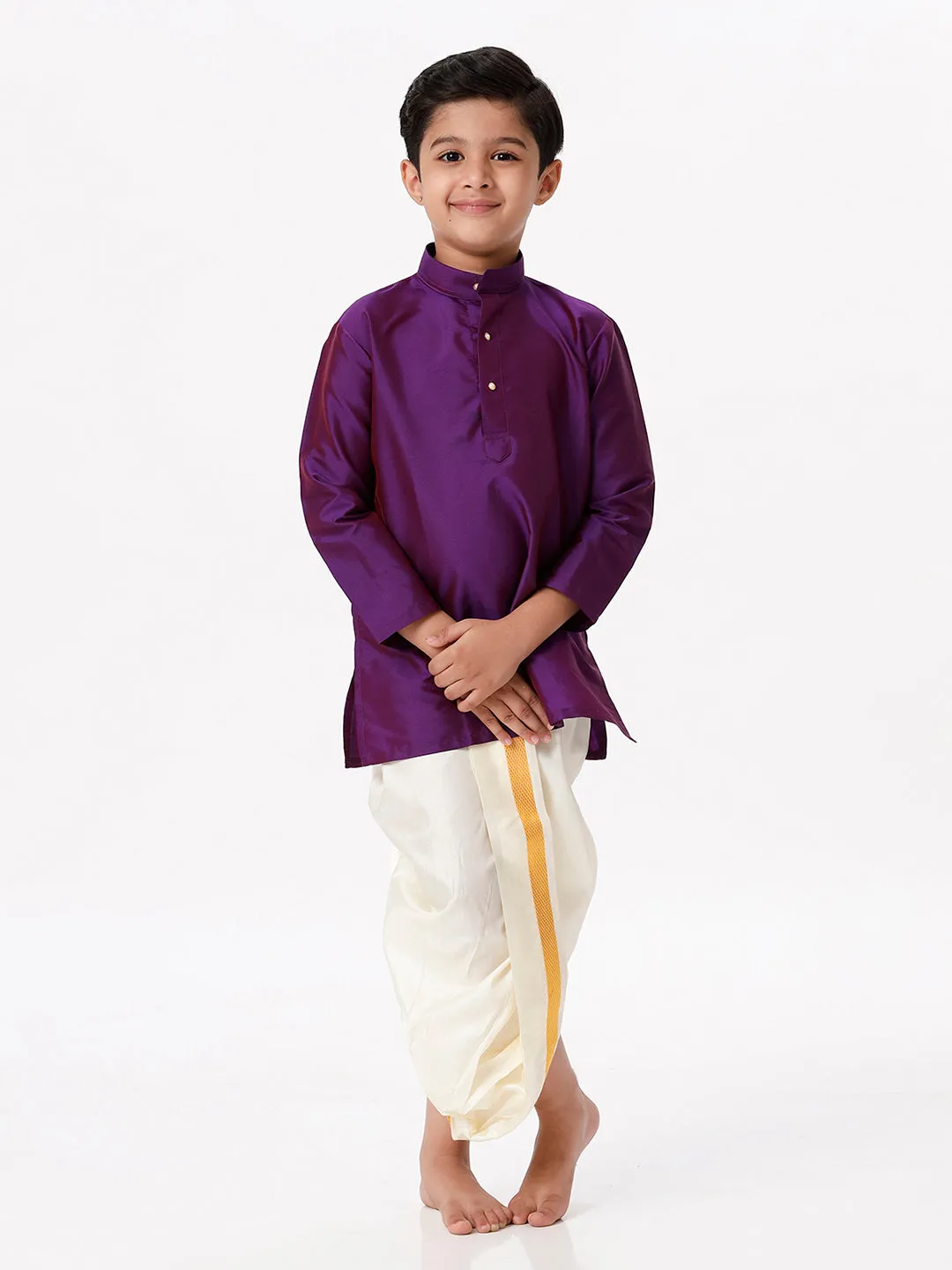 Boys Silk Cotton Full Sleeves Purple Kurta with Panchakacham Combo