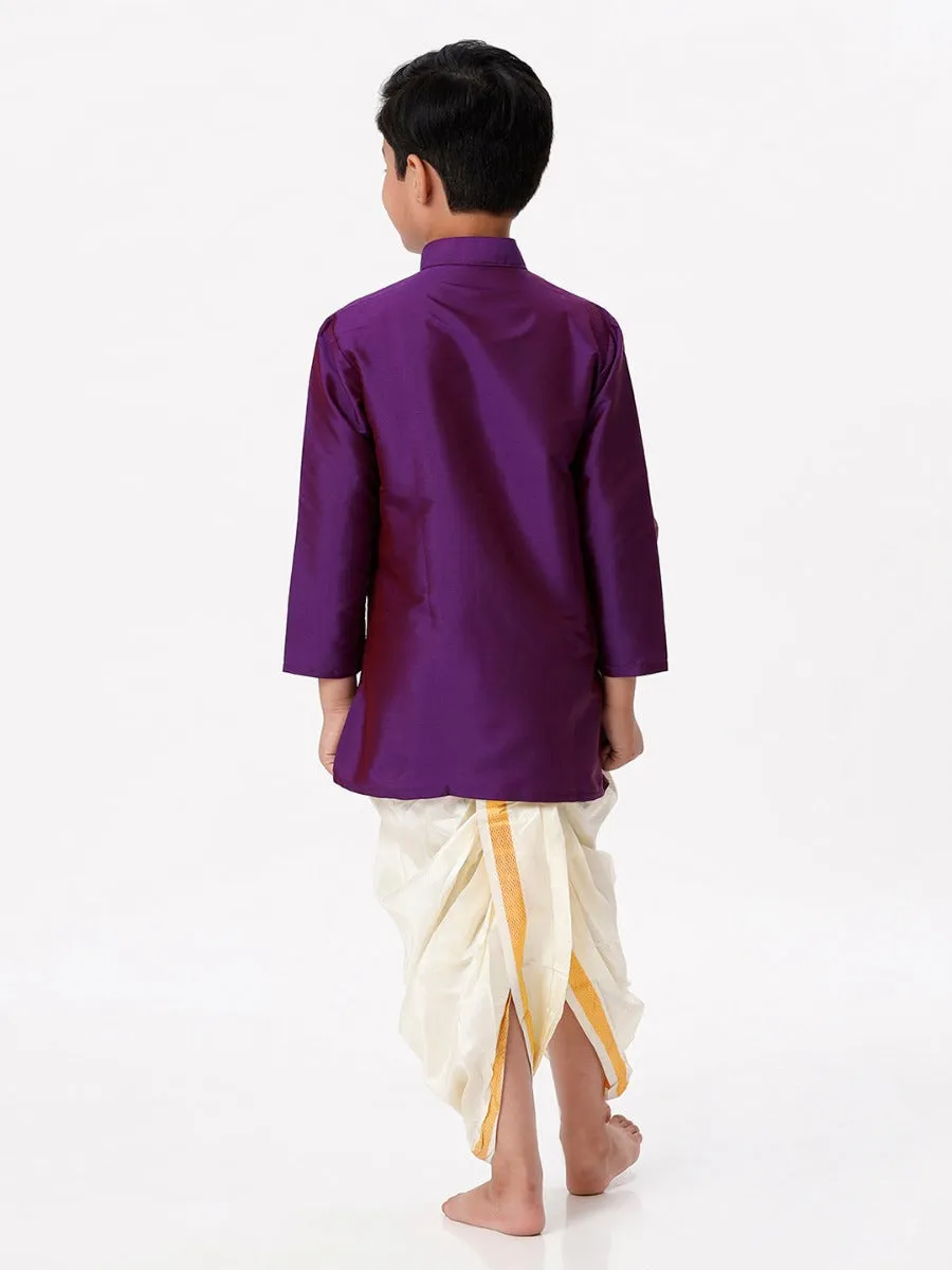 Boys Silk Cotton Full Sleeves Purple Kurta with Panchakacham Combo