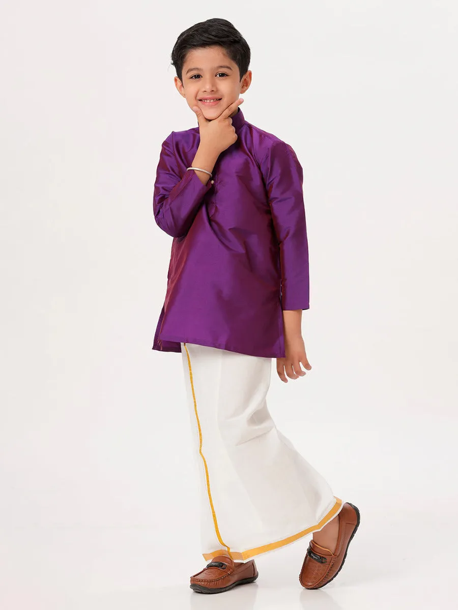 Boys Silk Cotton Full Sleeves Violet Kurta with Gold Jari Dhoti Combo