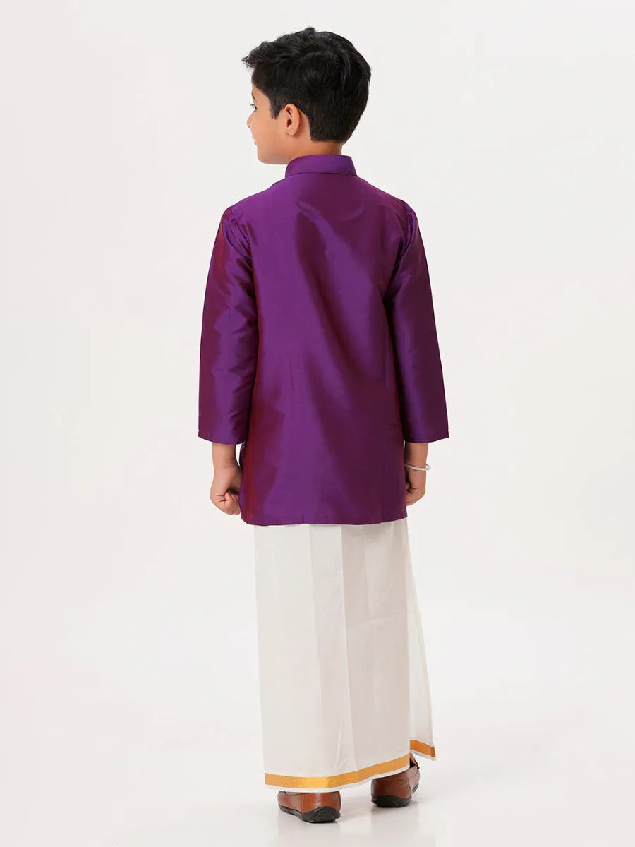 Boys Silk Cotton Full Sleeves Violet Kurta with Gold Jari Dhoti Combo