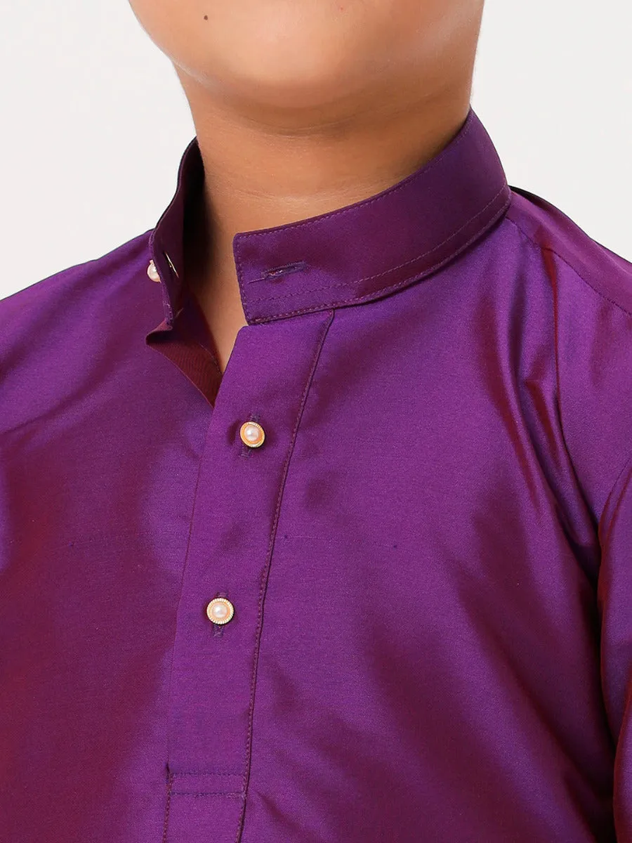 Boys Silk Cotton Full Sleeves Violet Kurta with Gold Jari Dhoti Combo