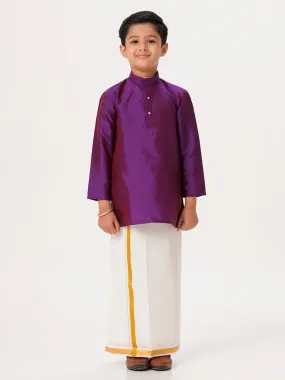 Boys Silk Cotton Full Sleeves Violet Kurta with Gold Jari Dhoti Combo