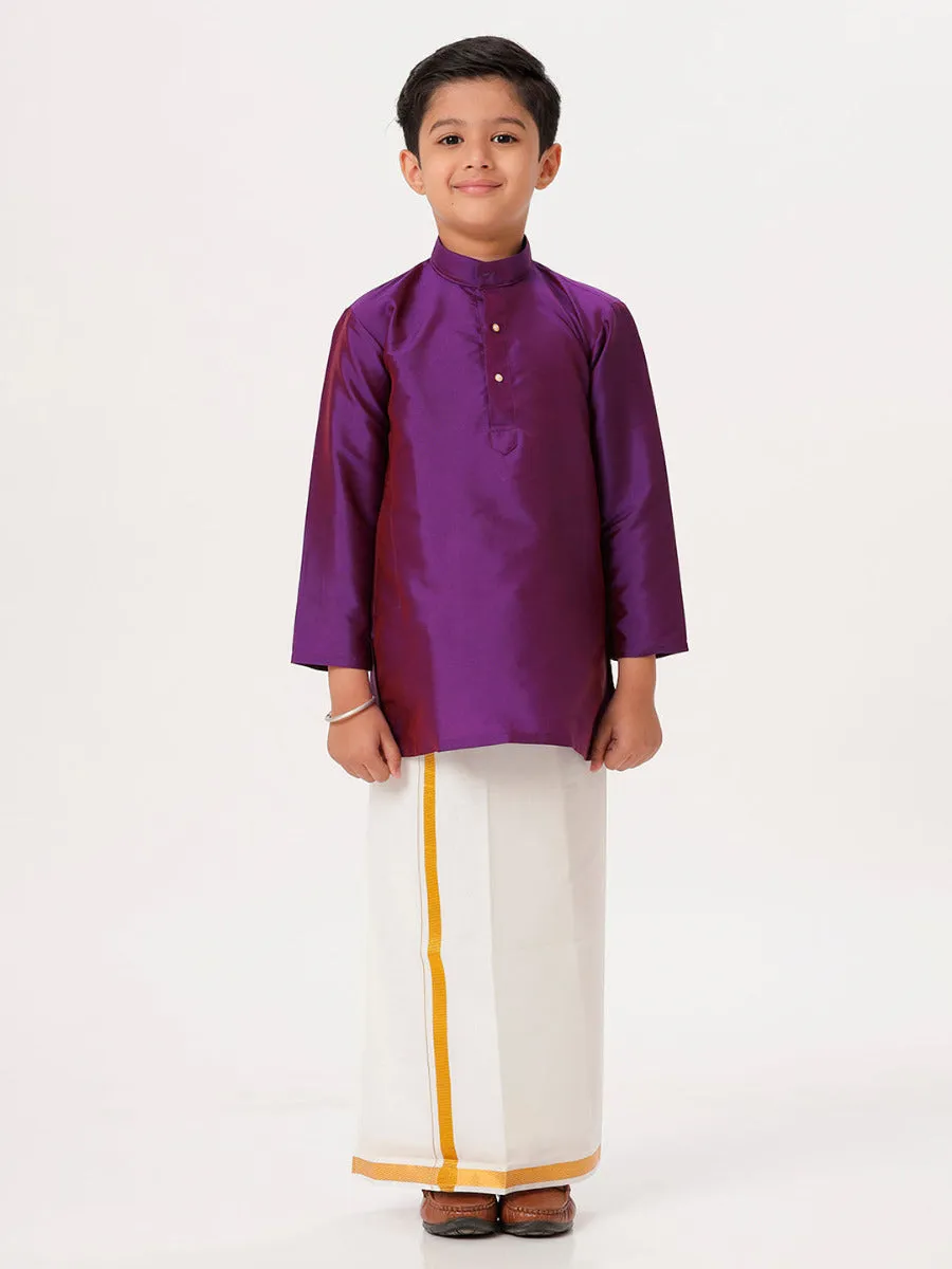 Boys Silk Cotton Full Sleeves Violet Kurta with Gold Jari Dhoti Combo