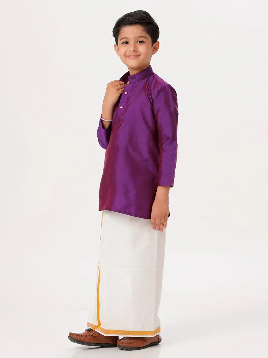 Boys Silk Cotton Full Sleeves Violet Kurta with Gold Jari Dhoti Combo