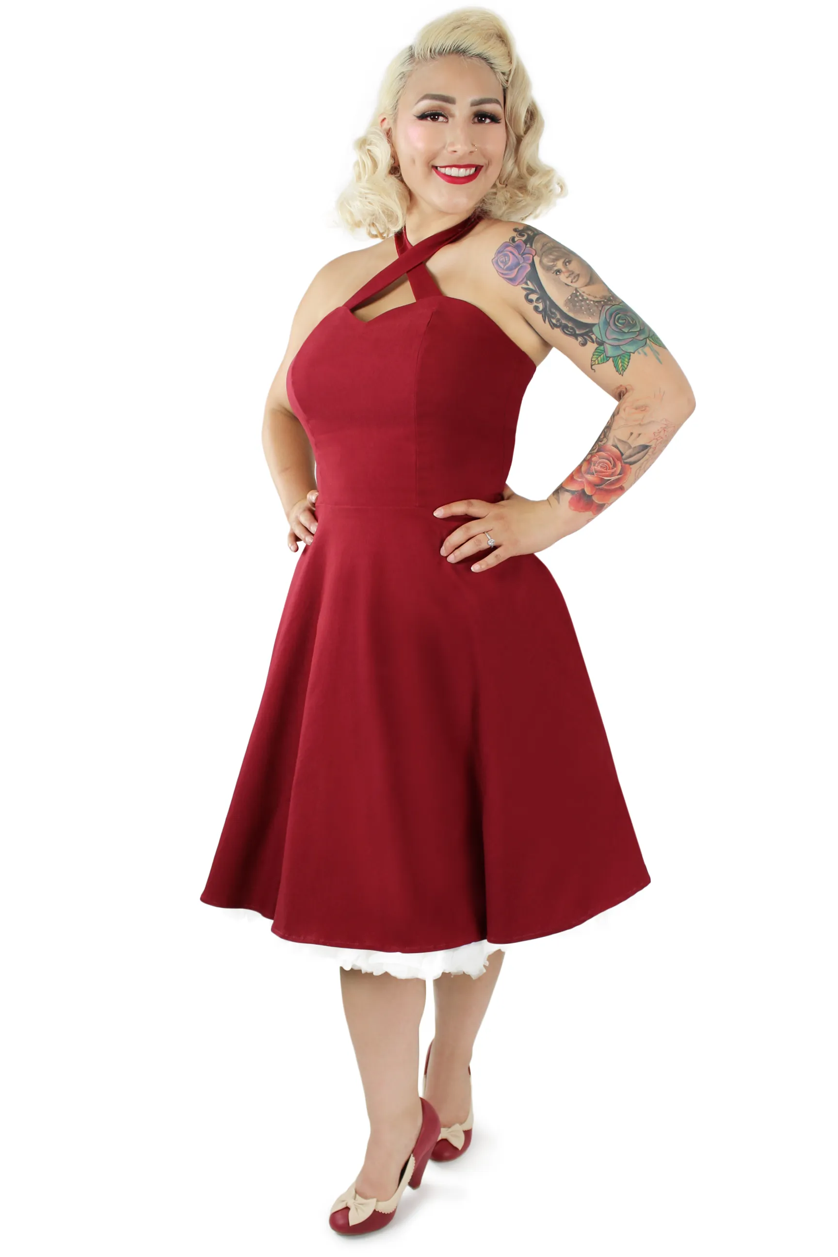 Burgundy Criss Cross Halter Dress XS-3XL #CCBD