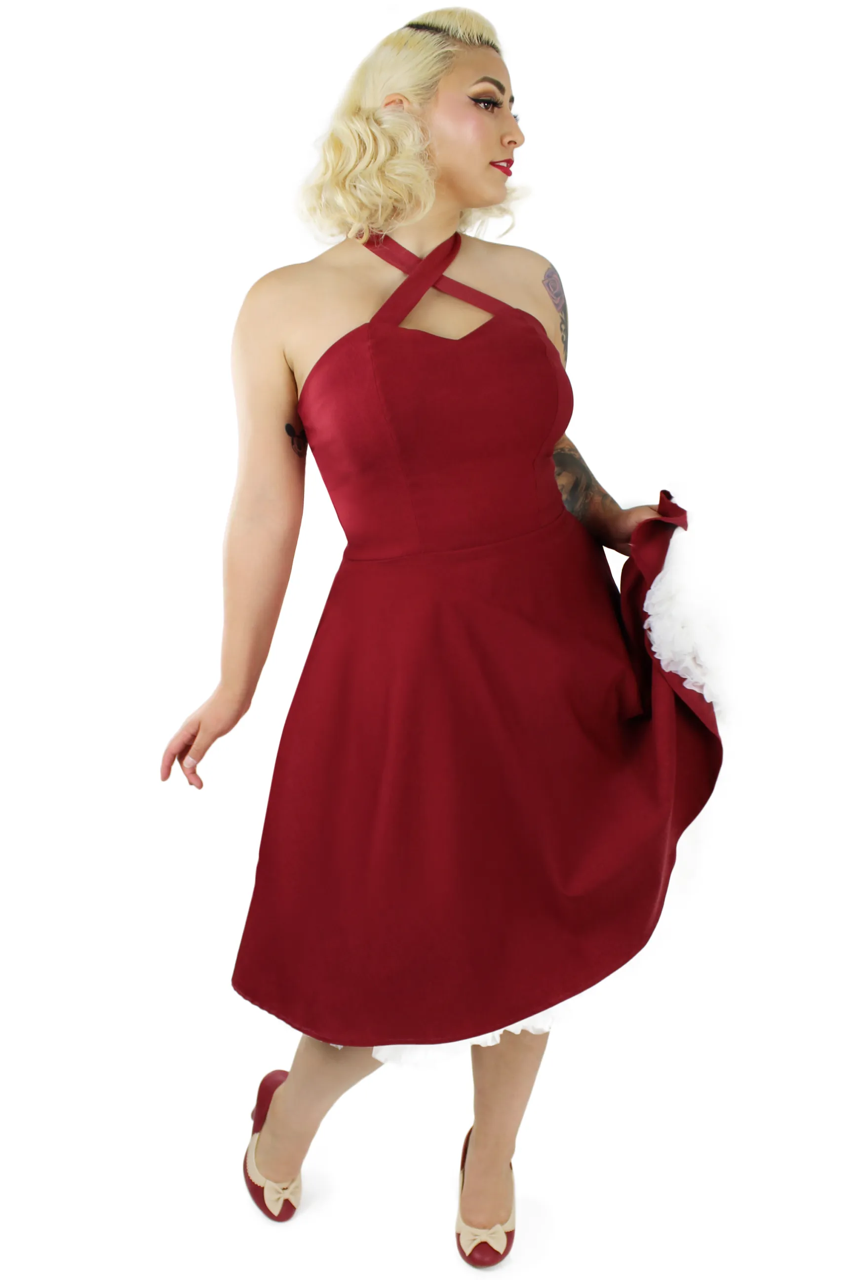 Burgundy Criss Cross Halter Dress XS-3XL #CCBD