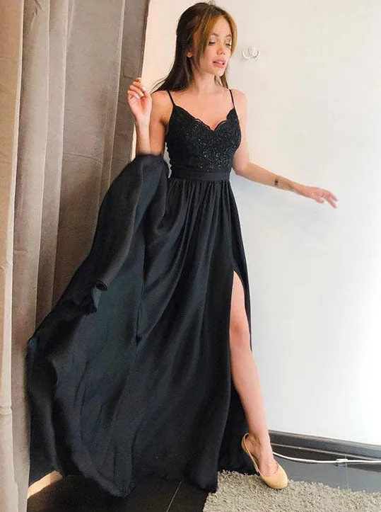 Elegant A-line Spaghetti-straps Long Black Prom Dress with Split OP351