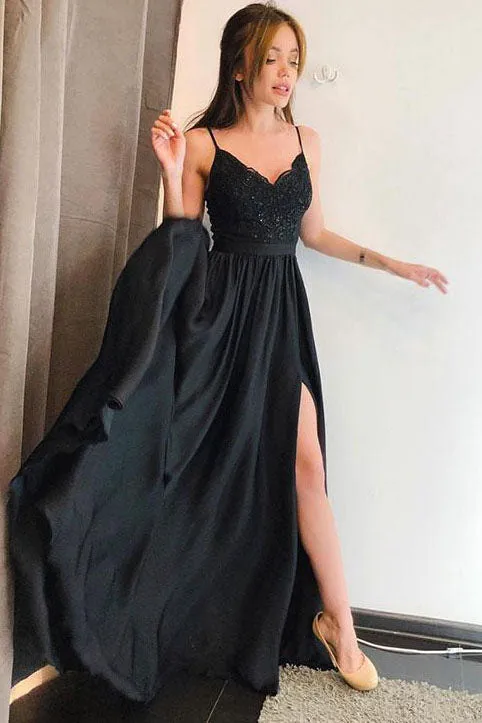 Elegant A-line Spaghetti-straps Long Black Prom Dress with Split OP351