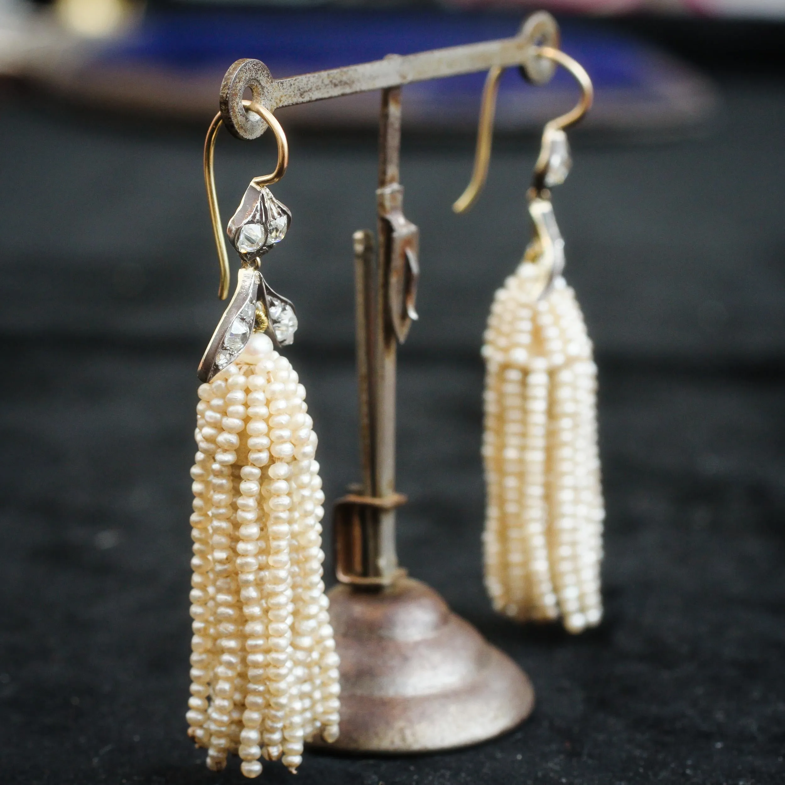 Georgian Natural Seed Pearl & Diamond Earrings