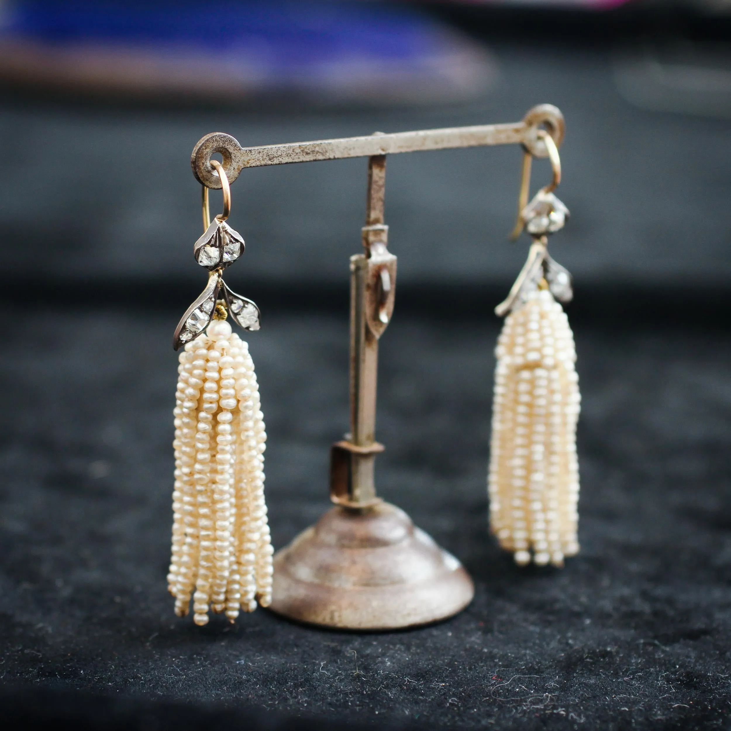 Georgian Natural Seed Pearl & Diamond Earrings