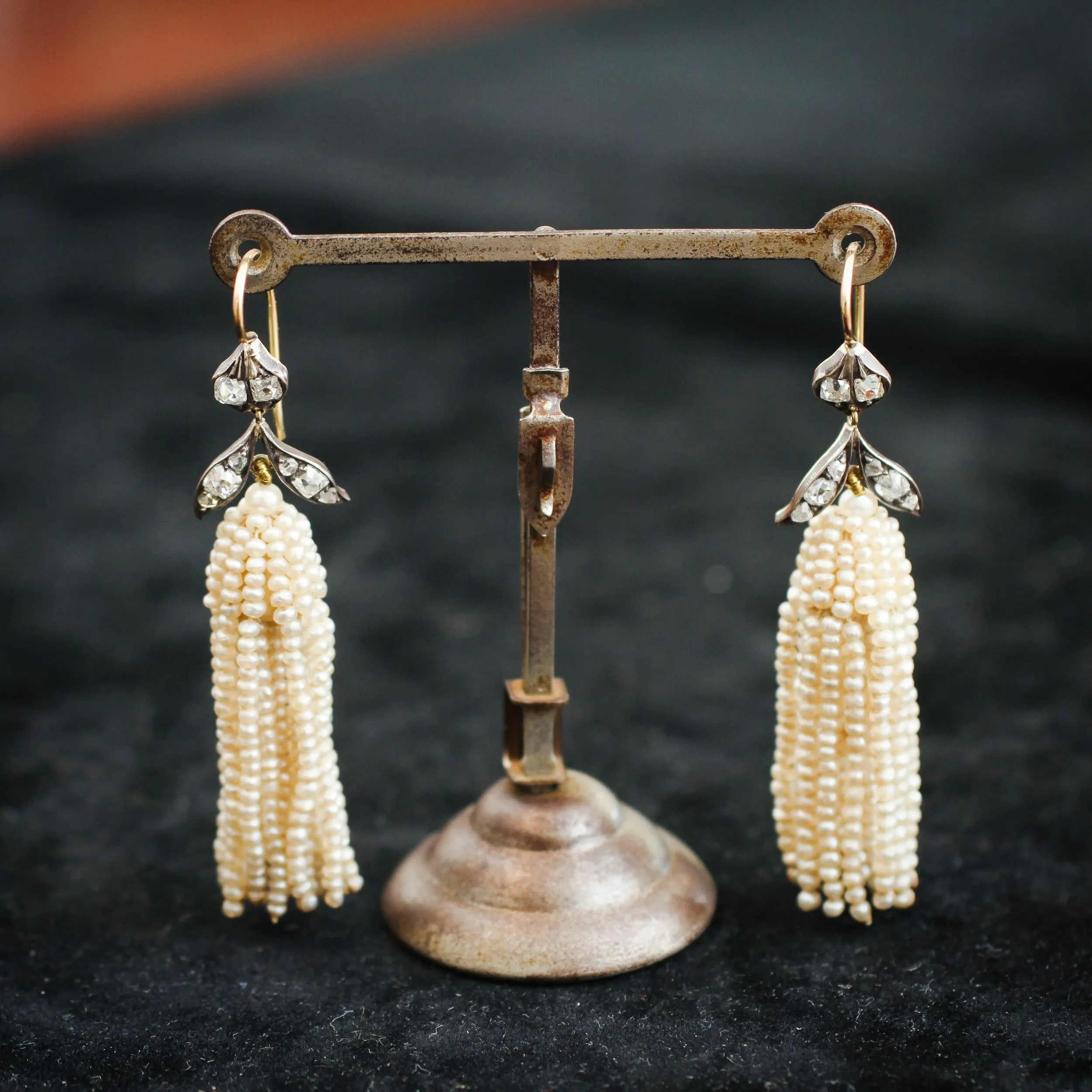 Georgian Natural Seed Pearl & Diamond Earrings