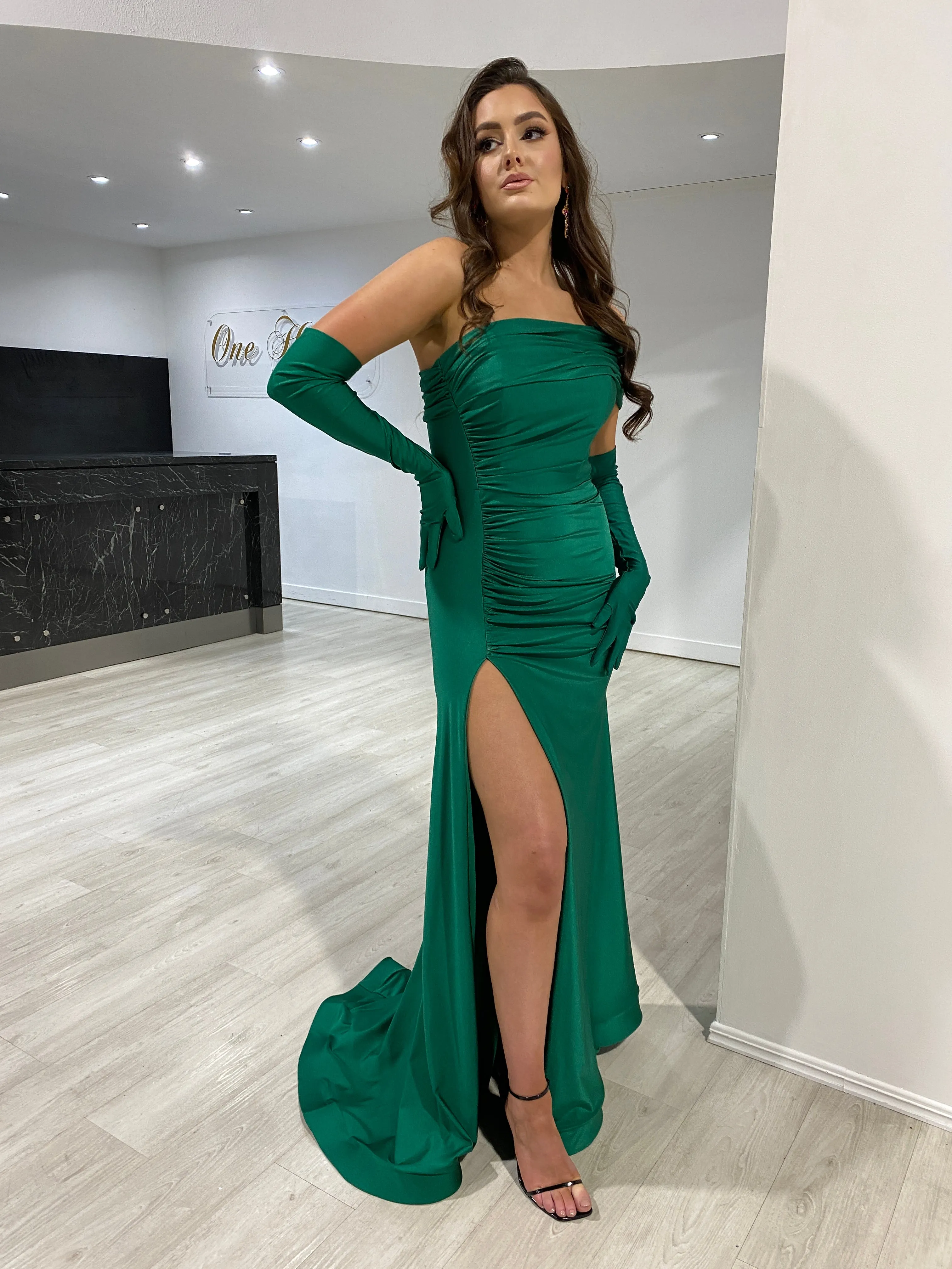 Honey Couture BALENCI-USSY Emerald Green Mermaid Formal Dress w Gloves