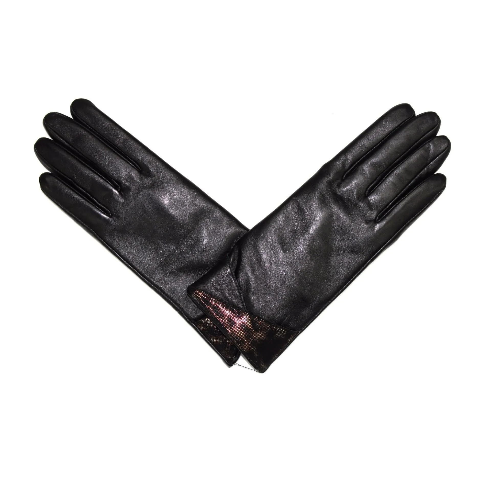 Leather Glove with Metallic Cheetah Wrist Pattern - Black