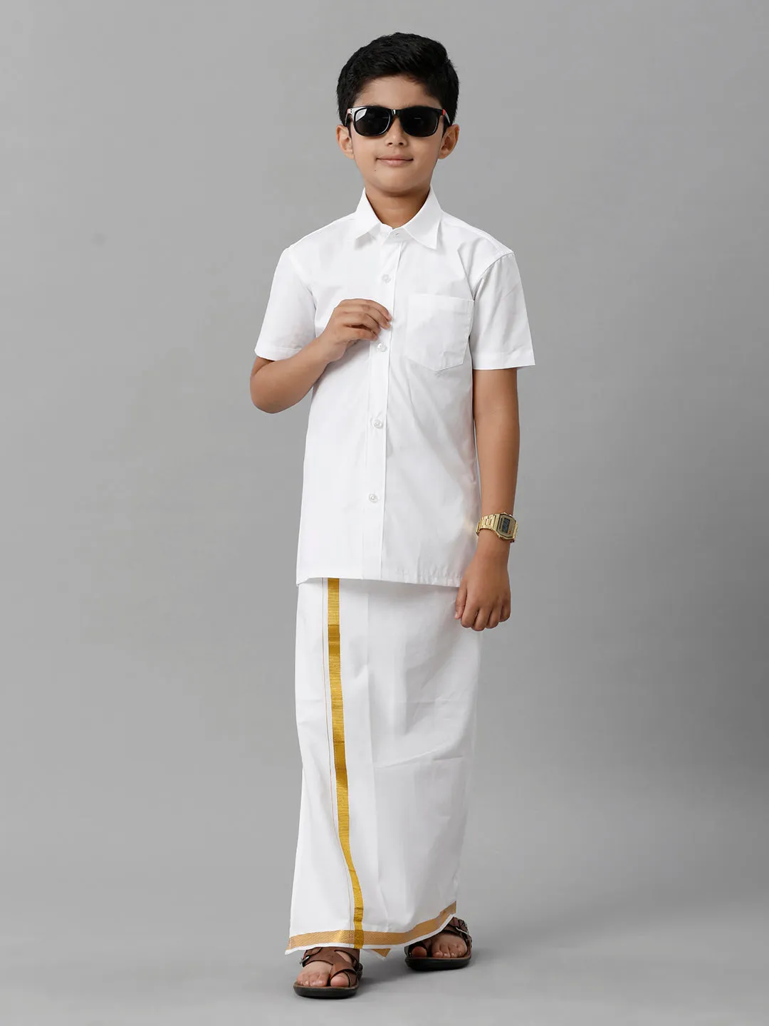 Like Father Like Son Half Sleeves White Shirt Dhoti Set Combo