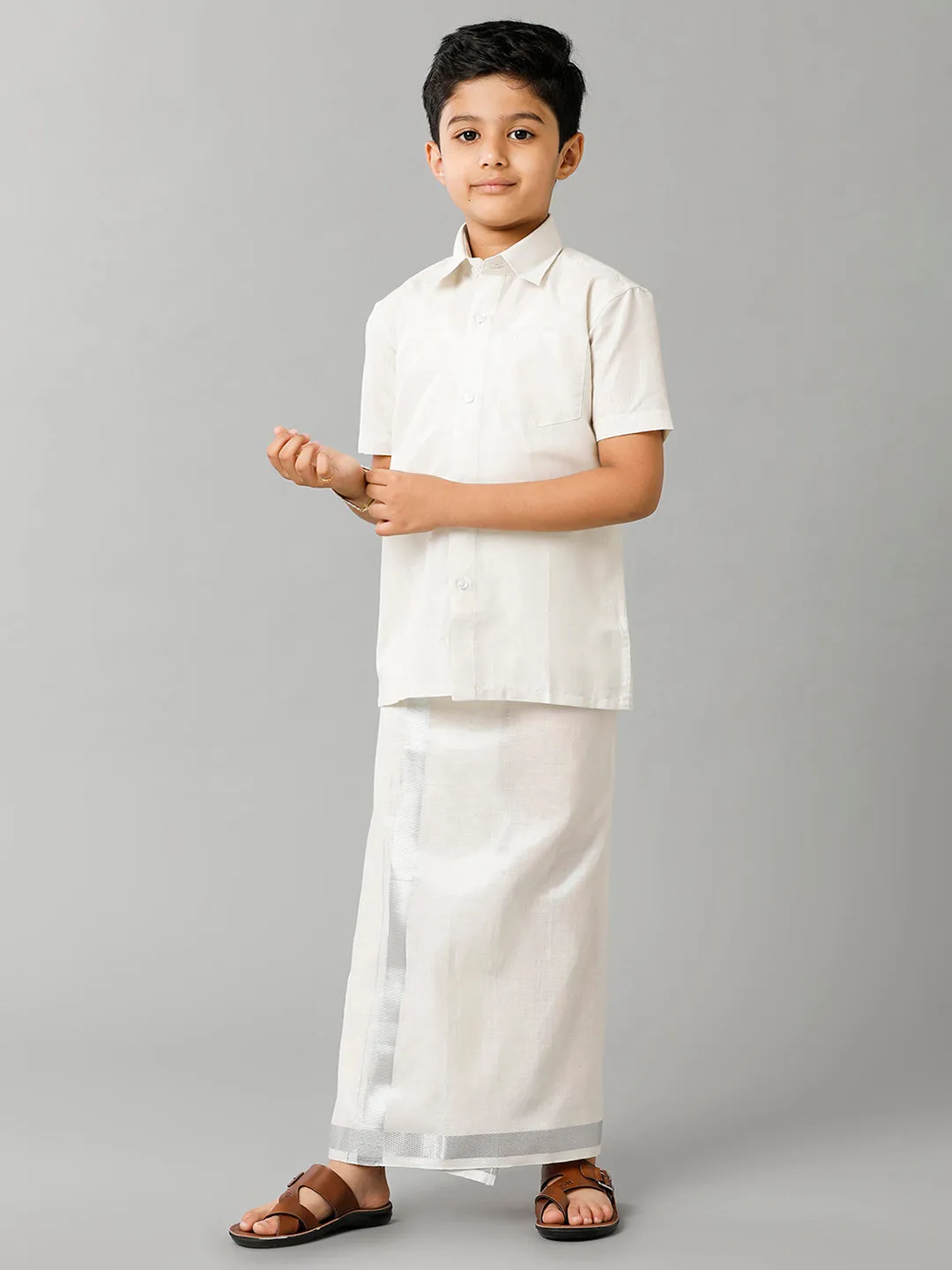 Like Father Like Son Tissue ReadyMade Dhoti & Shirt Combo Silver