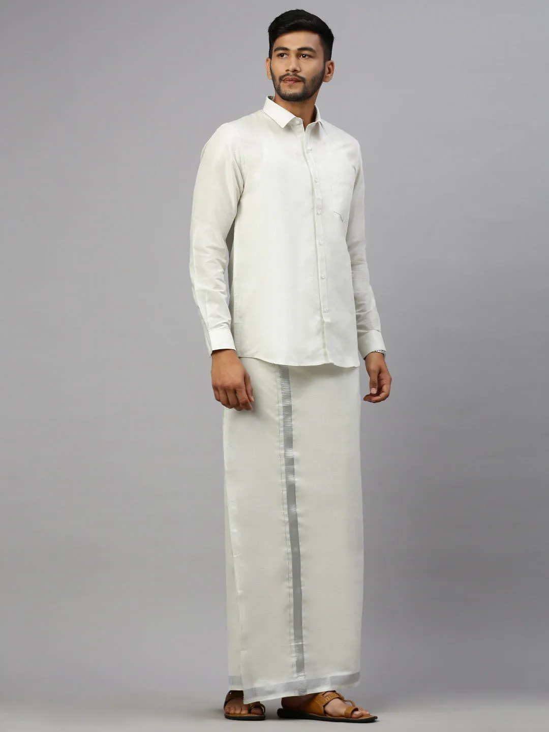 Like Father Like Son Tissue ReadyMade Dhoti & Shirt Combo Silver