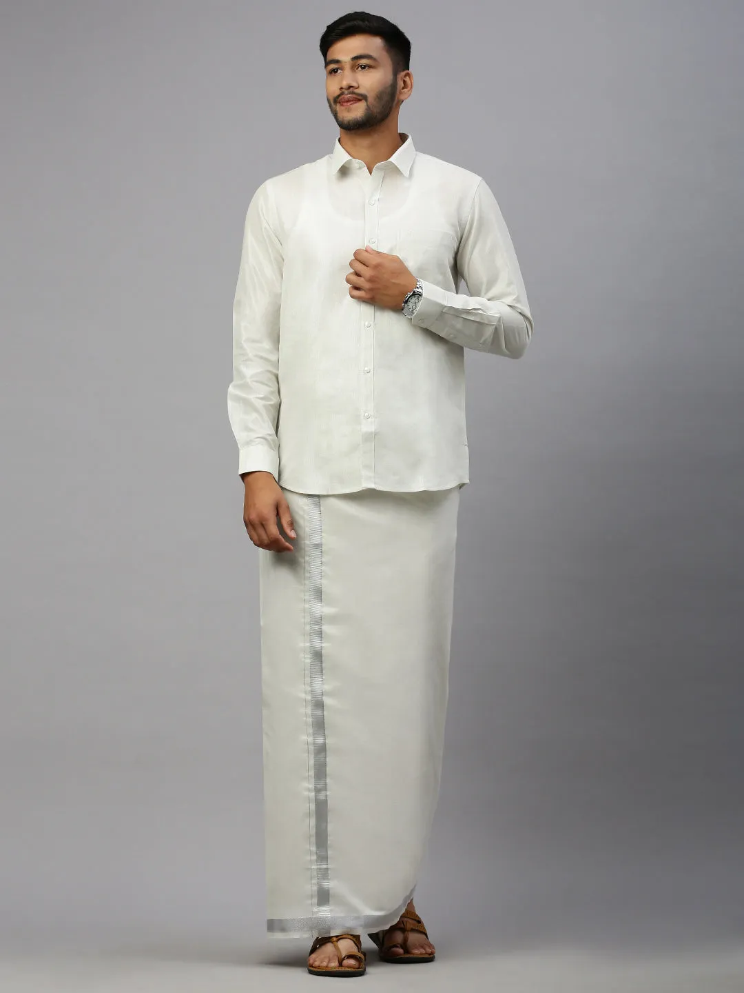 Like Father Like Son Tissue ReadyMade Dhoti & Shirt Combo Silver