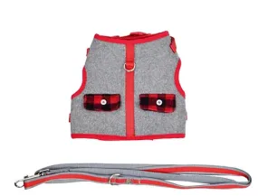 Martha Stewart Buffalo Check Dog Harness w/ Leash, Grey/Red, XX-Small