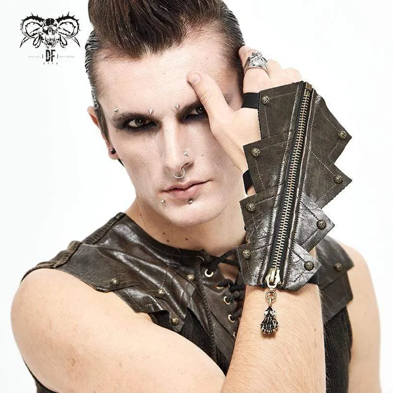 Men's Gothic Rivets Elastic Bandage Brown Gloves with Skull Zipper