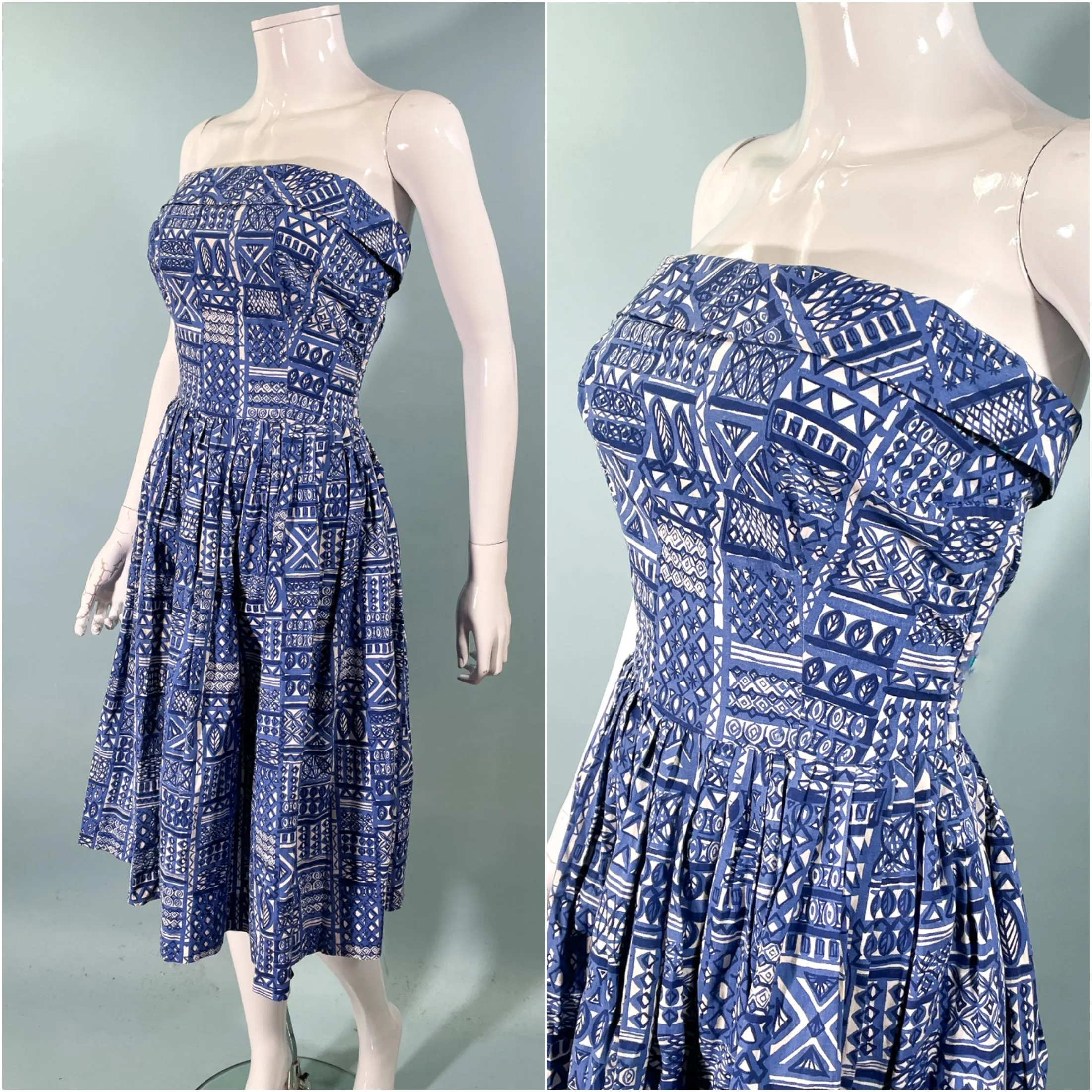 Mode O Day Vintage Hawaiian Print Strapless Dress 27" Waist