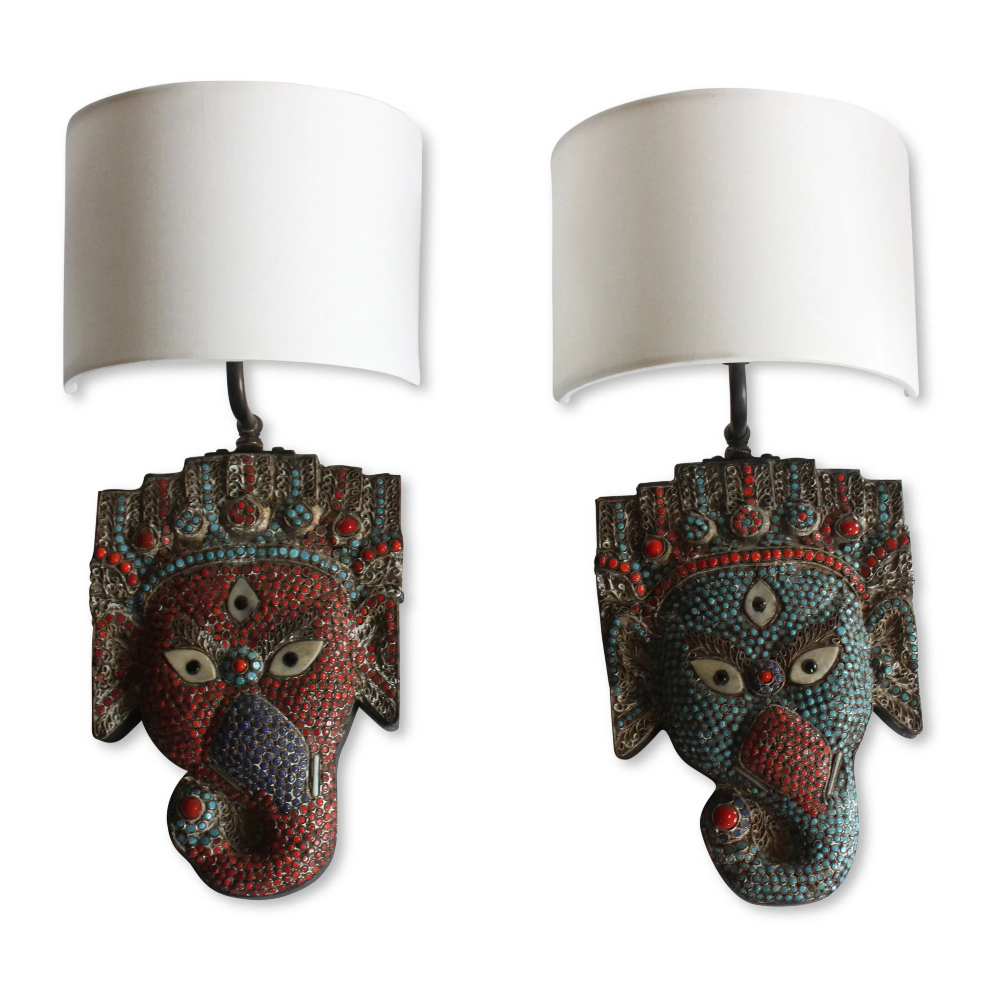 Pair of Inlaid Elephant Mask Indian Wall Sconces