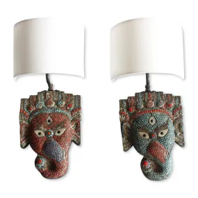 Pair of Inlaid Elephant Mask Indian Wall Sconces