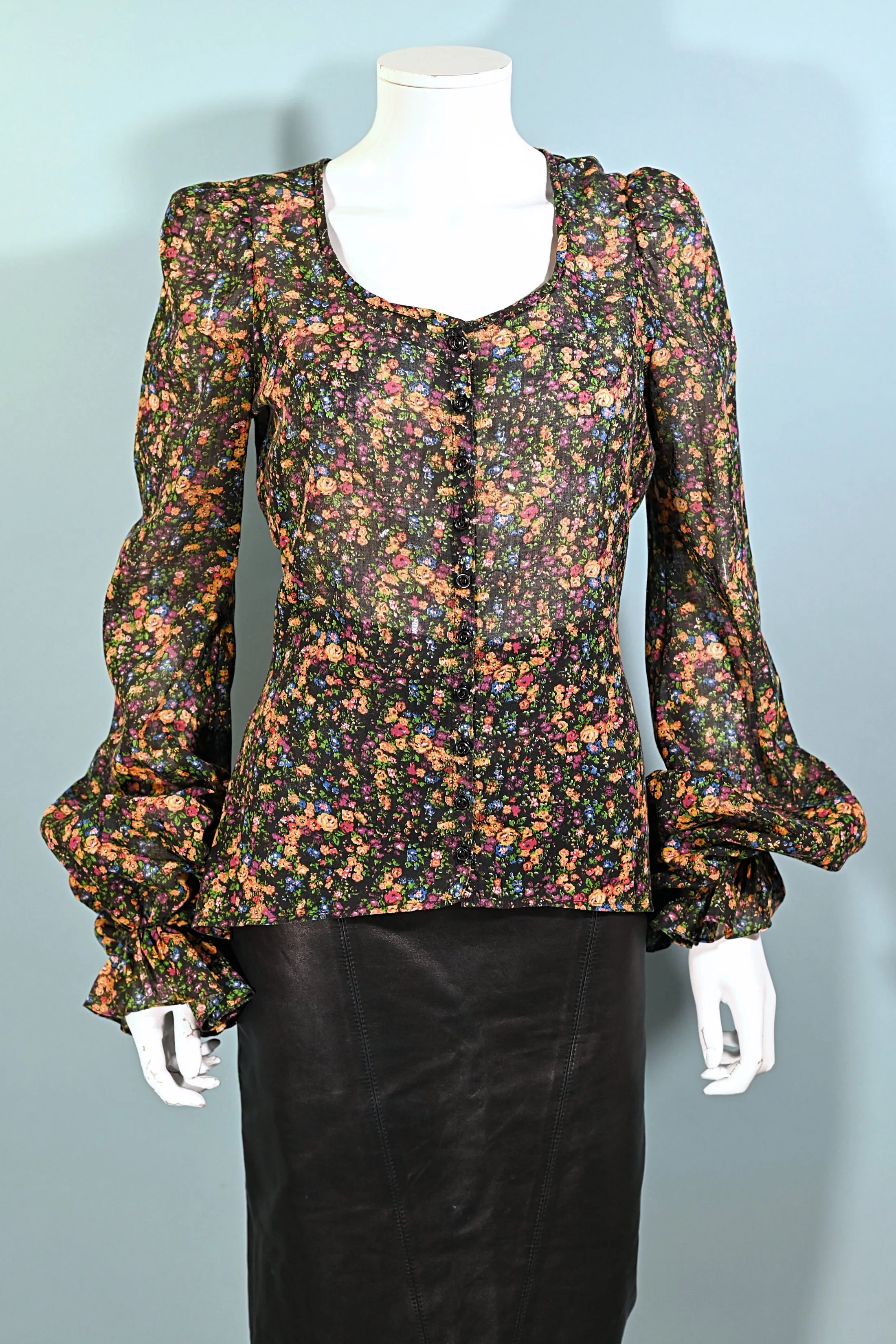 Rare 70s Betsey Johnson Alley Cat, Floral Print Pirate Sleeve Blouse, M