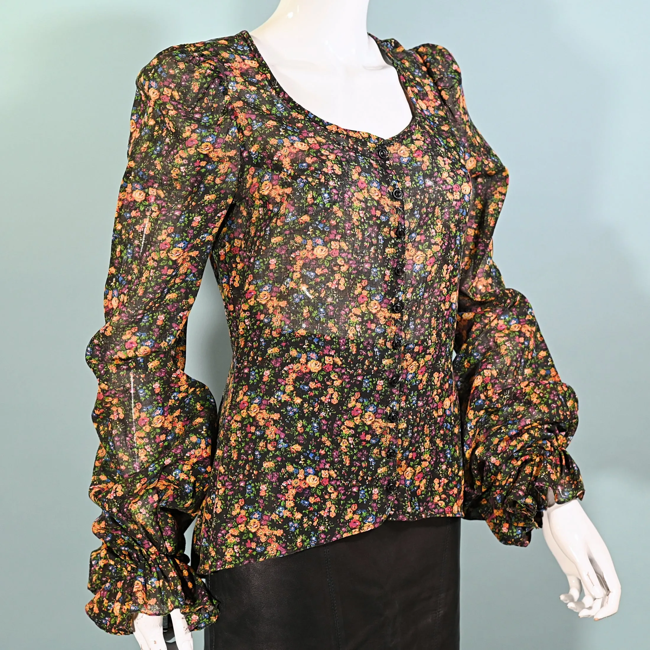 Rare 70s Betsey Johnson Alley Cat, Floral Print Pirate Sleeve Blouse, M