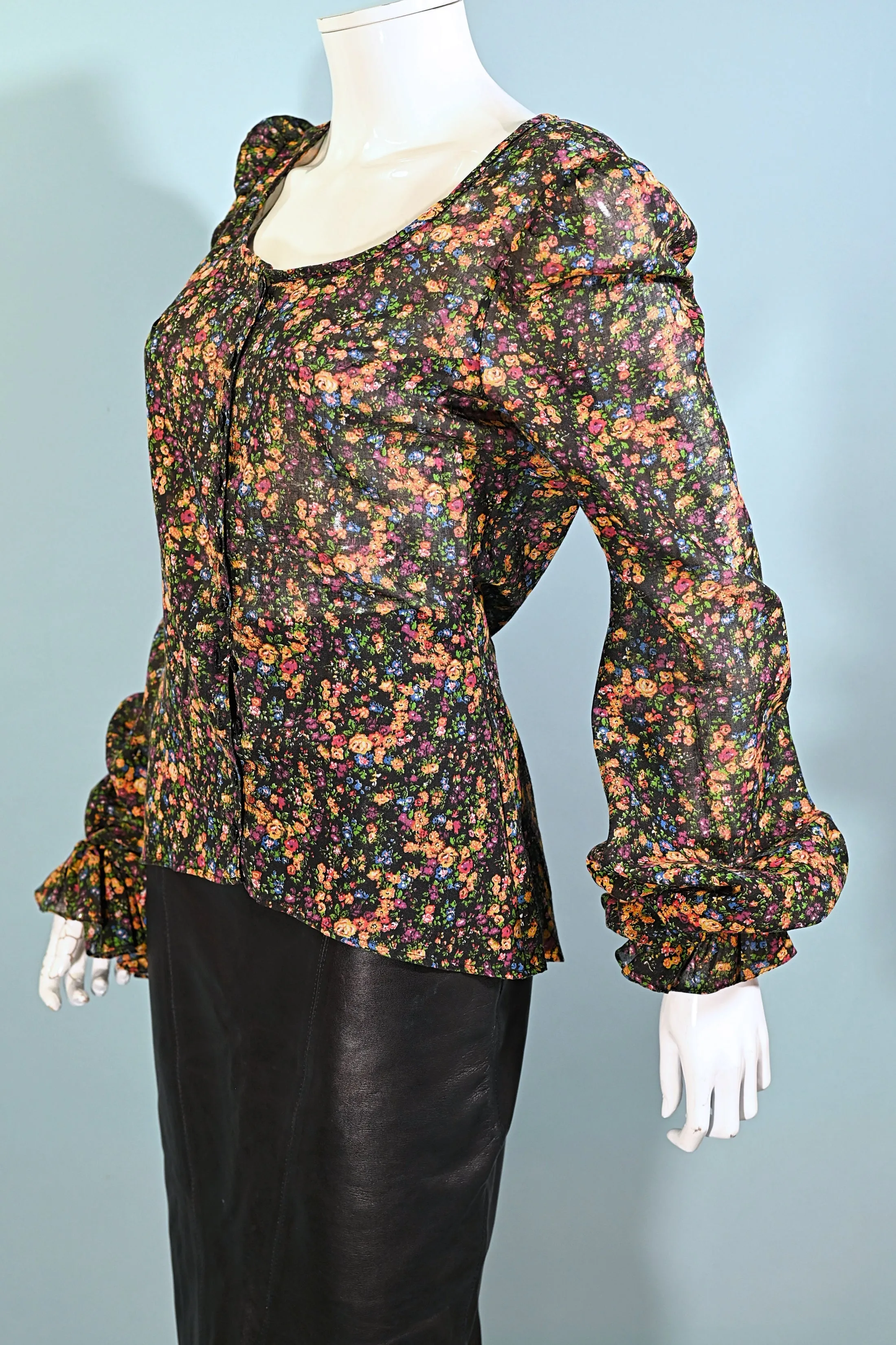 Rare 70s Betsey Johnson Alley Cat, Floral Print Pirate Sleeve Blouse, M