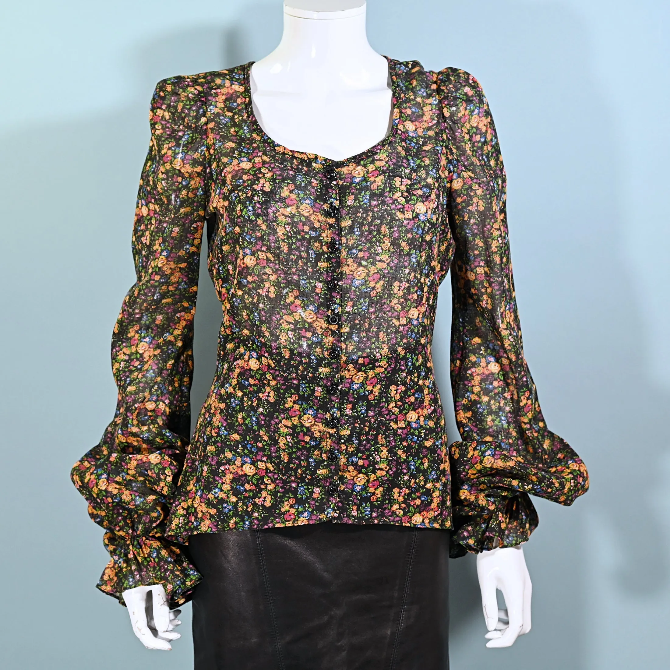 Rare 70s Betsey Johnson Alley Cat, Floral Print Pirate Sleeve Blouse, M