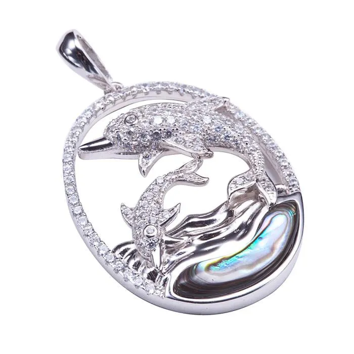 Sterling Silver Abalone Inlaid Wave Diving Dolphins Pave CZ Oval Pendant (Chain Sold Separately)