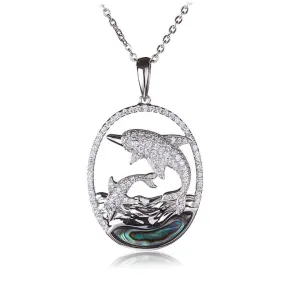 Sterling Silver Abalone Inlaid Wave Diving Dolphins Pave CZ Oval Pendant (Chain Sold Separately)