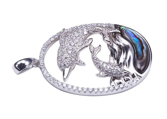 Sterling Silver Abalone Inlaid Wave Diving Dolphins Pave CZ Oval Pendant (Chain Sold Separately)