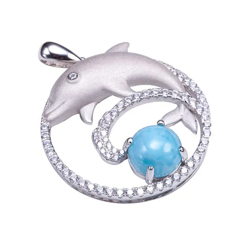 Sterling Silver Diving Dolphin Larimar Bead in Pave CZ Circle Pendant (Chain Sold Separately)