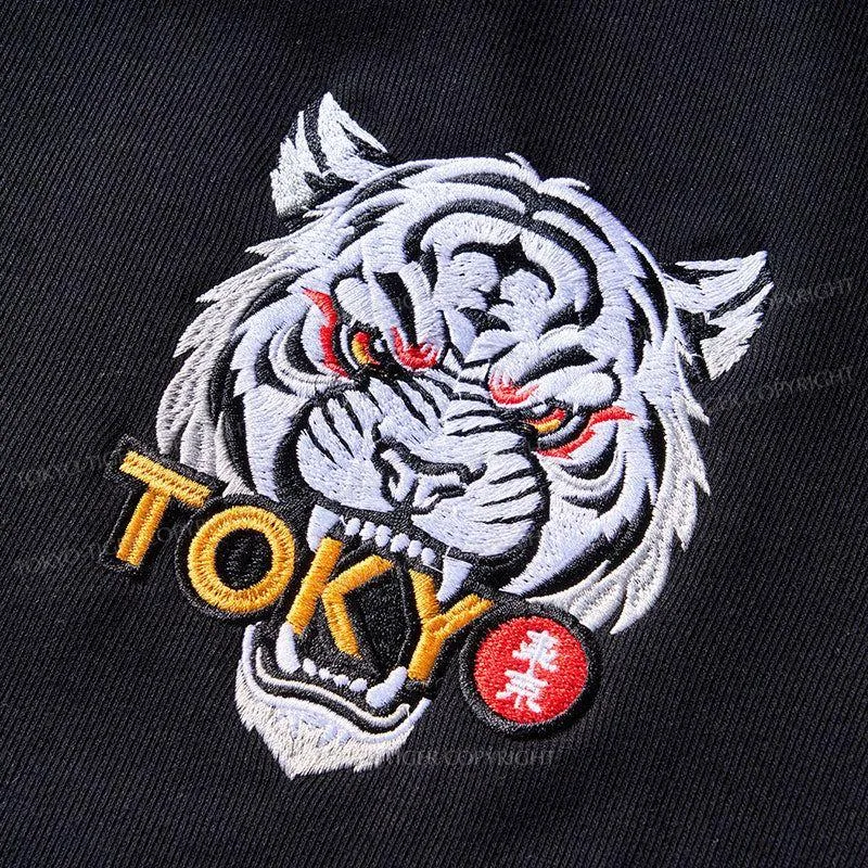 Tokyo-Tiger A Puzzled Cat Holding A Knife Embroidery Varsity Jacket