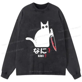 Tokyo-Tiger A Puzzled Cat Holding A Knife Washed Long Sleeve T-Shirt