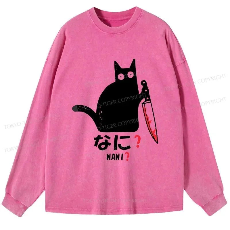 Tokyo-Tiger A Puzzled Cat Holding A Knife Washed Long Sleeve T-Shirt