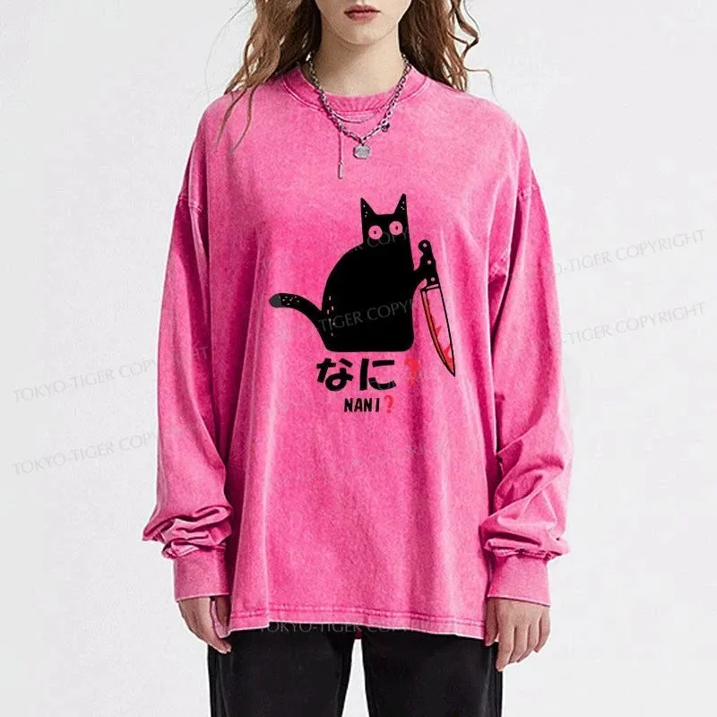 Tokyo-Tiger A Puzzled Cat Holding A Knife Washed Long Sleeve T-Shirt