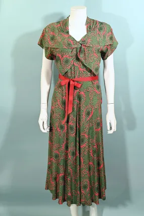 Tony Karen Vintage 40s Rayon Dress, Green/Red Novelty Print